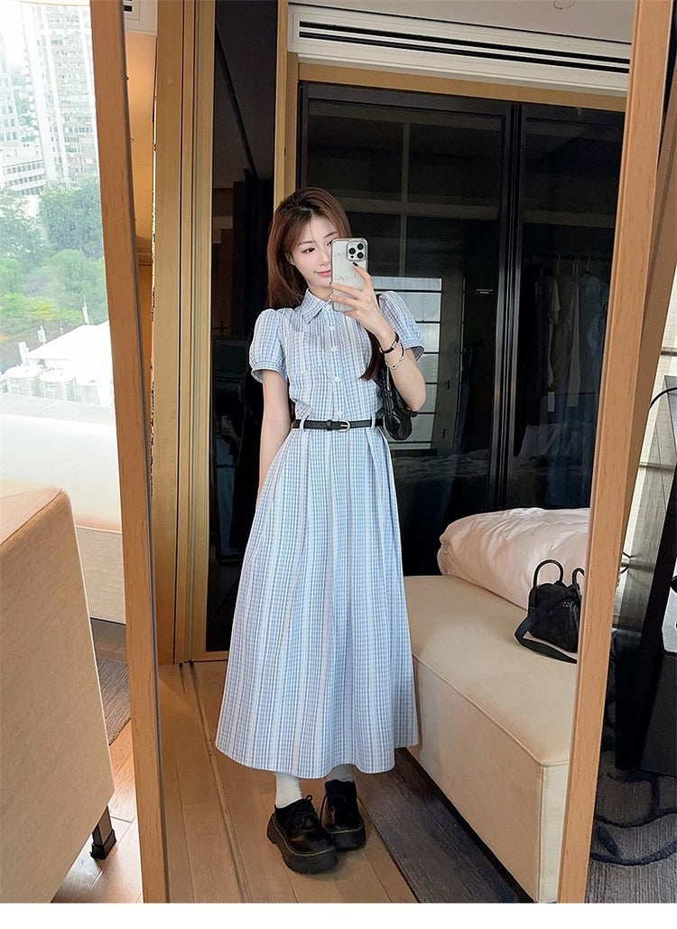 French Style Elegant Blue Color Super Beautiful Slimming Summer2025New style shirt dress