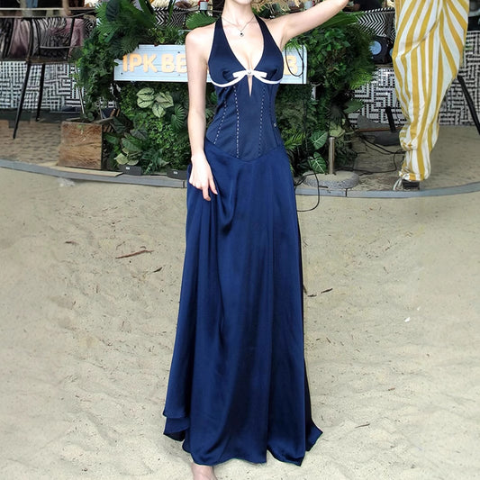 Twilight Blue Spirit French V-neck Hollow Design Waist-cinching Halter Neck Mid-length Dress