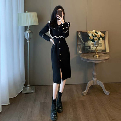 Autumn Slimming Elegant Niche Design High-end Fashionable Youthful Dress Long Sleeve Draped Dress for Women