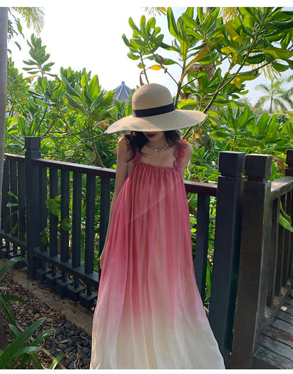 Beach Dress Sanya Vacation Strap Long Dress Pink Gradient Chiffon Dress Super Fairy