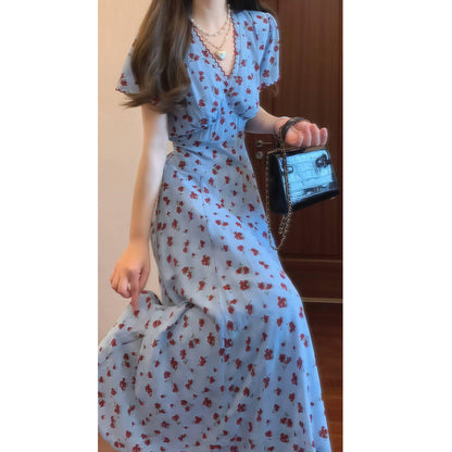 French Style Blue V-Neck Floral Dress for Women, Summer Waist-Cinching Slimming Elegant Long Dress