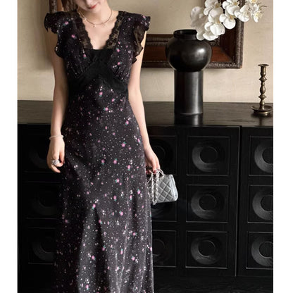 Black Lace Patchwork Floral Dress Vacation Style French Elegant Unique Beautiful Waist-Cinching Long Dress