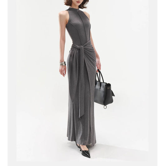 Elegant High-End Gray Modal Vest Dress Slim Fit Fake Two-Piece Bodycon Hot Girl Long Dress