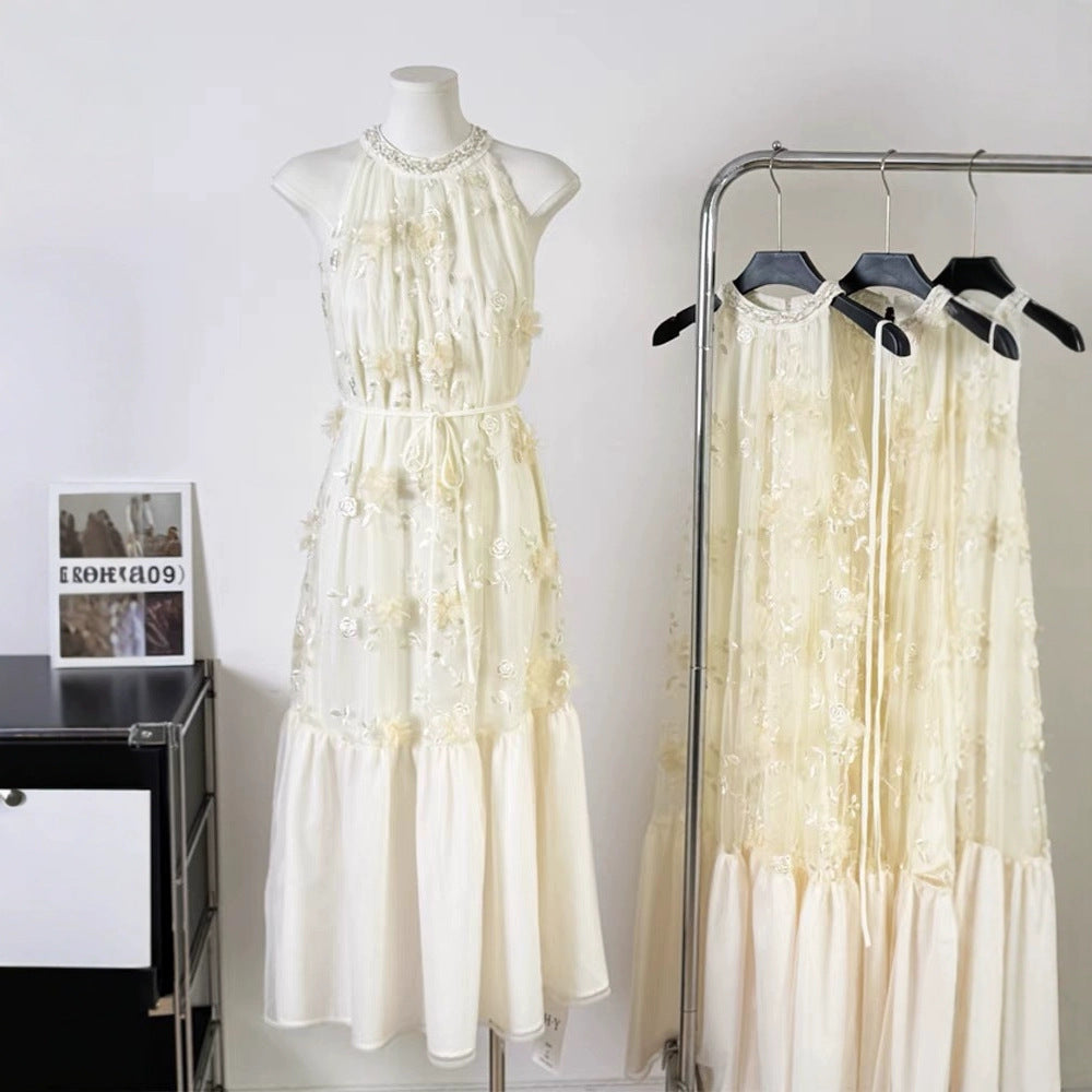 Lace Embroidered Vest Patchwork Long Sleeveless Fake Two-Piece Halter Dress