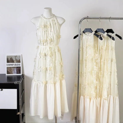 Lace Embroidered Vest Patchwork Long Sleeveless Fake Two-Piece Halter Dress