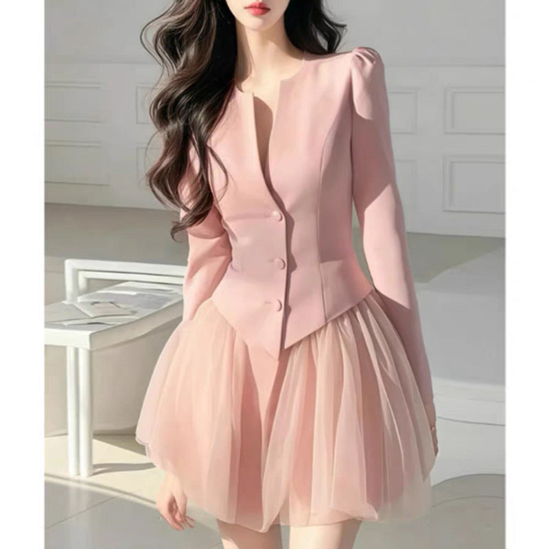 Petite Fragrance Noble Elegance Suit for Women - 2025 Spring New Collection Waist-Cinching Cardigan with Chiffon Skirt Two-Piece Set