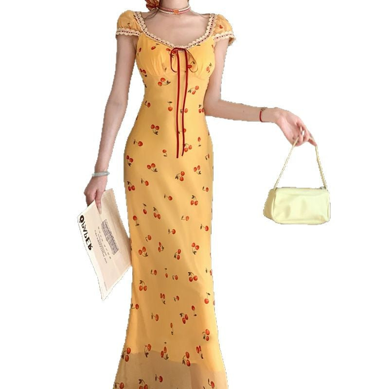 [Cherry Honey Brew] 2 Versions Summer Beach Vacation Style Lace Trim Little Cherry Floral Dress 2025