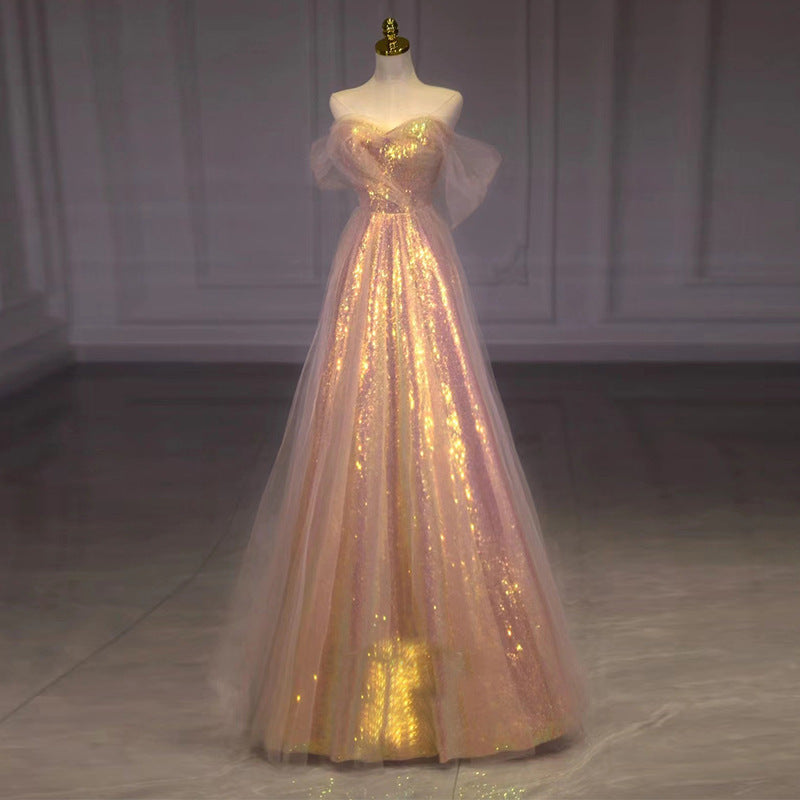 2025 New Style Bridal Toast Dress Slimming Mesh Evening Gown for Annual Meeting Banquet Host Mermaid Off-Shoulder Evening Dress for Women