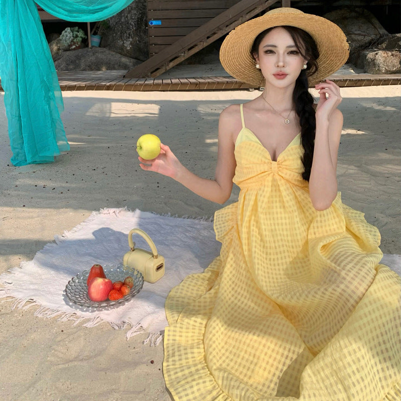 Photogenic Light Yellow Plaid Vacation Style Backless Dress Dopamine Island Vacation Beach Halter Long Dress