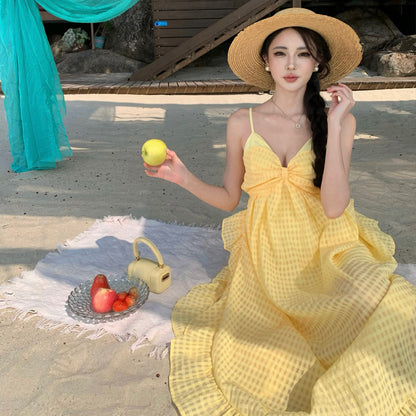 Photogenic Light Yellow Plaid Vacation Style Backless Dress Dopamine Island Vacation Beach Halter Long Dress