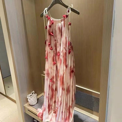 French Heavy Industry Tie-Dyed Suspenders Dress Summer Hepburn Style Loose Halter Mid-Length Fairy Skirt