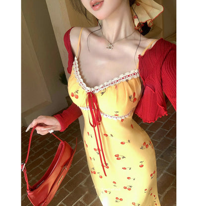 [Cherry Honey Brew] 2 Versions Summer Beach Vacation Style Lace Trim Little Cherry Floral Dress 2025