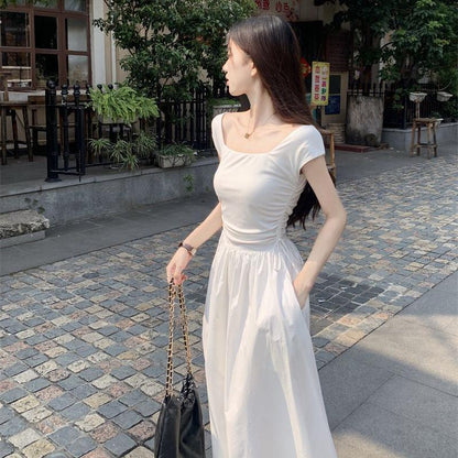 Square Neck White Dress for Women, Summer French Style, Waist-Cinching Slimming A-Line Dress, Design Sense Drawstring Long Dress, Vacation Dress