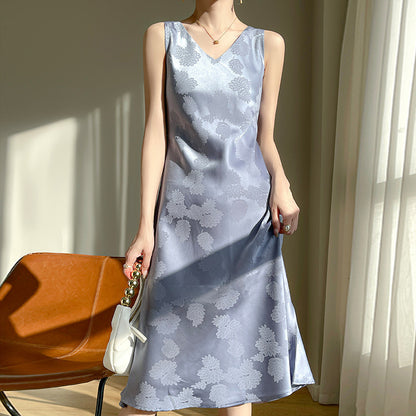 Women's Acetate Satin Mid-Length Dress Spring and Summer New Leaf Printing Niche Minimalist Style Sleeveless Skirt
