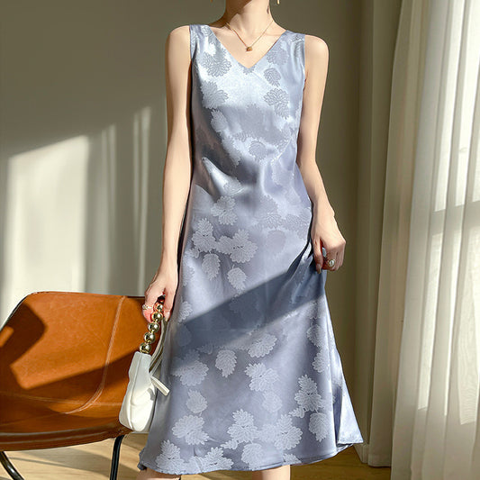 Women's Acetate Satin Mid-Length Dress Spring and Summer New Leaf Printing Niche Minimalist Style Sleeveless Skirt