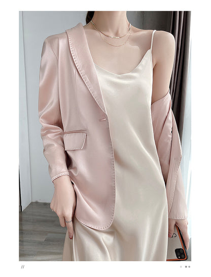 Summer New Mid-Length Sleeveless Off-Shoulder Light Luxury Mulberry Silk Acetate Satin Imitation Silk Strap Dress for Women
