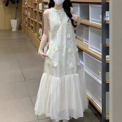 Lace Embroidered Vest Patchwork Long Sleeveless Fake Two-Piece Halter Dress