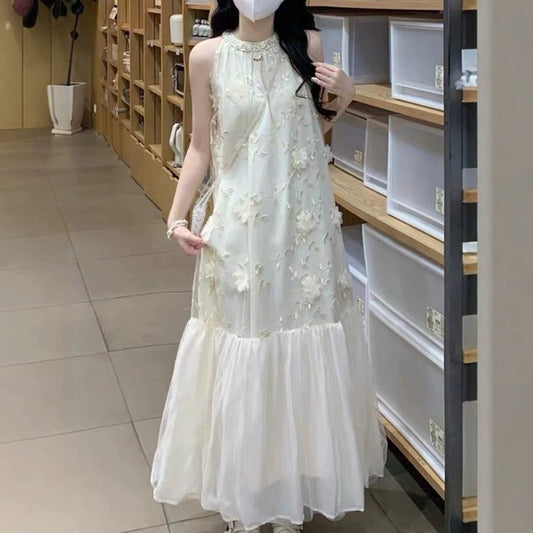 Lace Embroidered Vest Patchwork Long Sleeveless Fake Two-Piece Halter Dress