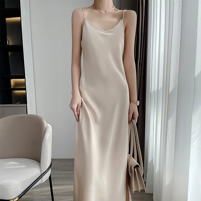 Summer New Mid-Length Sleeveless Off-Shoulder Light Luxury Mulberry Silk Acetate Satin Imitation Silk Strap Dress for Women
