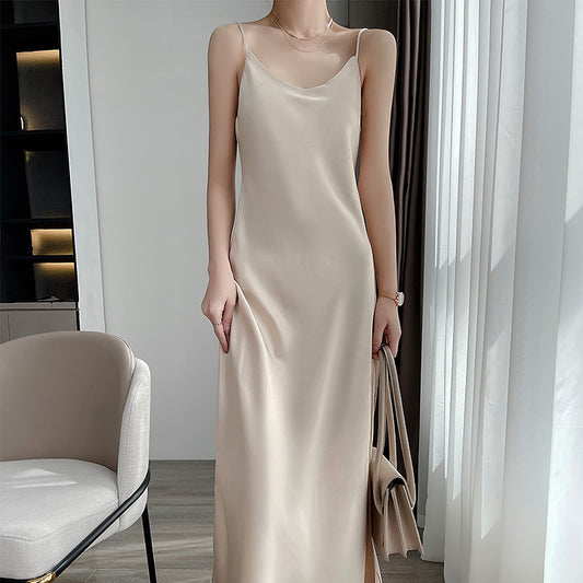 Summer New Mid-Length Sleeveless Off-Shoulder Light Luxury Mulberry Silk Acetate Satin Imitation Silk Strap Dress for Women