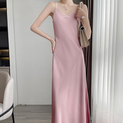 Summer New Mid-Length Sleeveless Off-Shoulder Light Luxury Mulberry Silk Acetate Satin Imitation Silk Strap Dress for Women