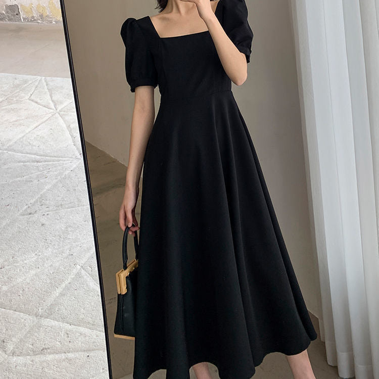 Dress Summer New Ins Tea Dress Elegant Boat-Neck Overknee Long Hepburn Style Little Black Dress