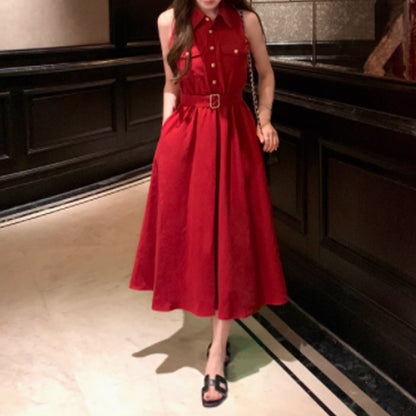 Linen + Lyocell Elegant Red Dress Shirt Dress Shirt Collar Sleeveless Single Breasted