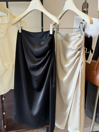 Elegant Goddess Style~Asymmetric Smooth Satin Skirt, Spring and Summer Pleated Pencil Skirt, Mid-Length Straight Skirt