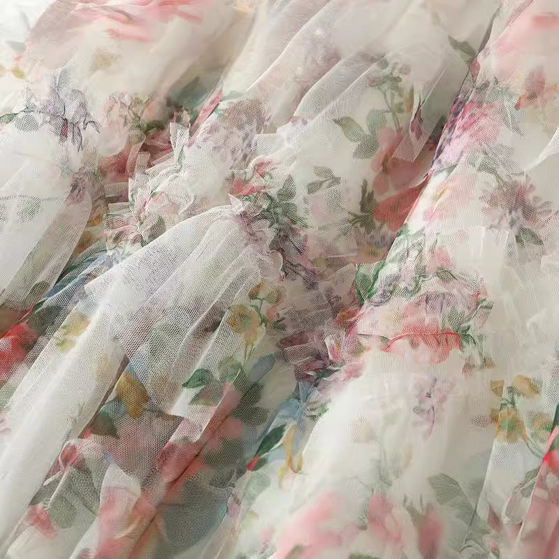 Stitching Color Flower Mesh Skirt Spring French Style Temperament Cake Dress