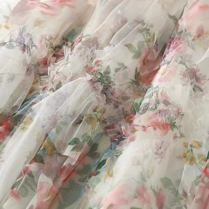 Stitching Color Flower Mesh Skirt Spring French Style Temperament Cake Dress