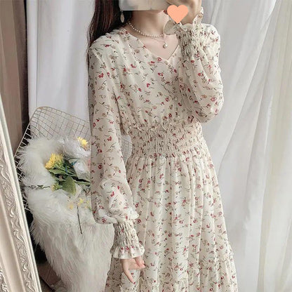 Artistic Style Floral Skirt Chiffon Dress Long Skirt Spring New Korean Style Fairy Dress Ruffled Large Swing Skirt