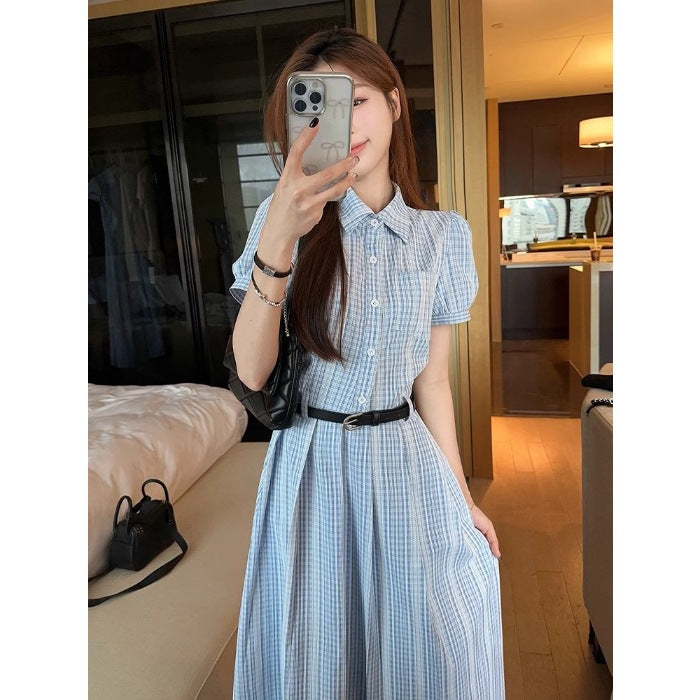 French Style Elegant Blue Color Super Beautiful Slimming Summer2025New style shirt dress