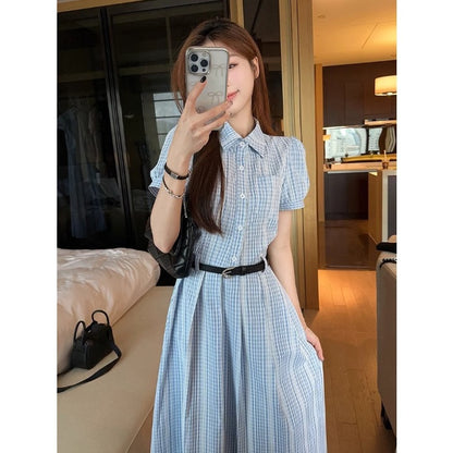 French Style Elegant Blue Color Super Beautiful Slimming Summer2025New style shirt dress