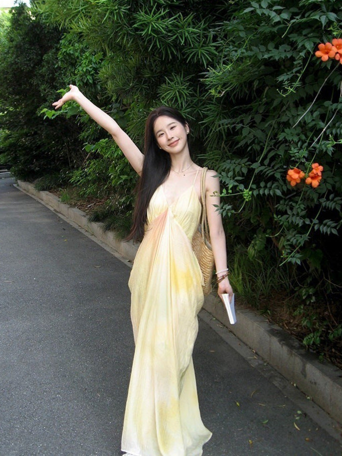 French Fairy Style Super Fairy Beach Vacation Long Dress Draped Silhouette Slip Dress Textured Print Gradient Dress