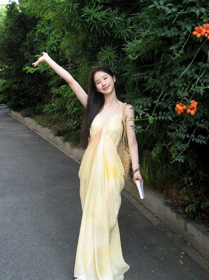 French Fairy Style Super Fairy Beach Vacation Long Dress Draped Silhouette Slip Dress Textured Print Gradient Dress