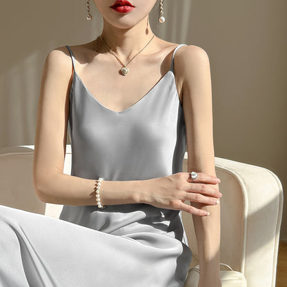 Summer New Mid-Length Sleeveless Off-Shoulder Light Luxury Mulberry Silk Acetate Satin Imitation Silk Strap Dress for Women