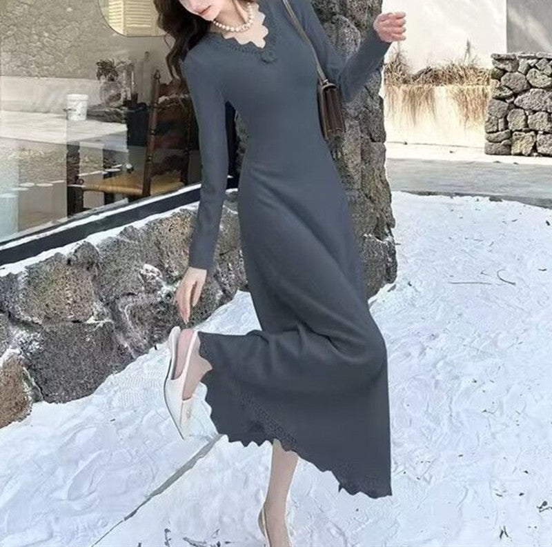 Autumn Winter New Gentle Waist Slimming Inner Wear Over-the-Knee Long Skirt Lace Edge Floral Knitted Dress for Women