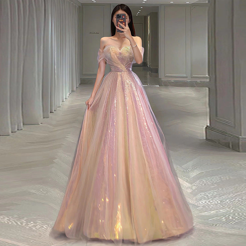 2025 New Style Bridal Toast Dress Slimming Mesh Evening Gown for Annual Meeting Banquet Host Mermaid Off-Shoulder Evening Dress for Women