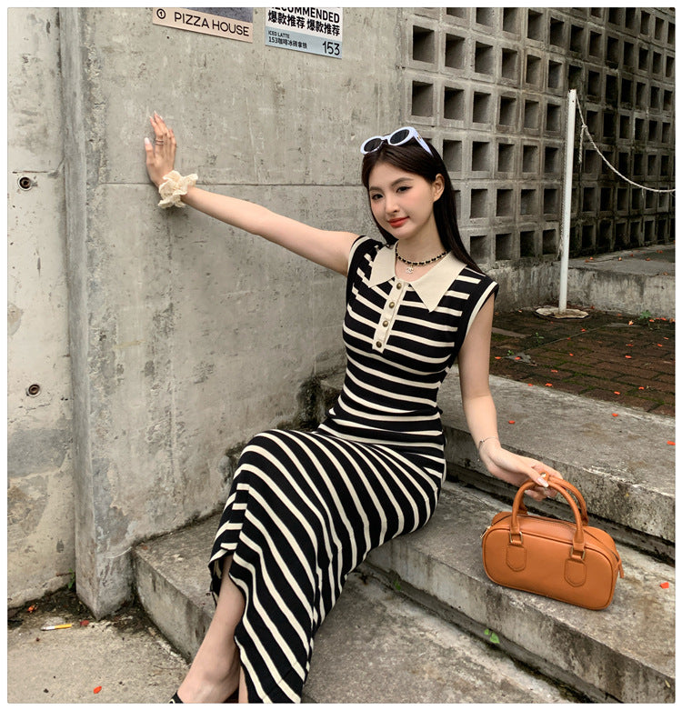 French Style High Sense Graceful Collar Striped Knitted Dress Women's 2025 Summer New Elegant Slimming Dress