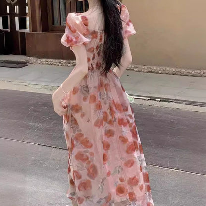 Stunning Fairy Tea Break Platycodon Square Neck High Waist Floral Dress for Women Summer French Style Elegant Chiffon Princess Long Dress