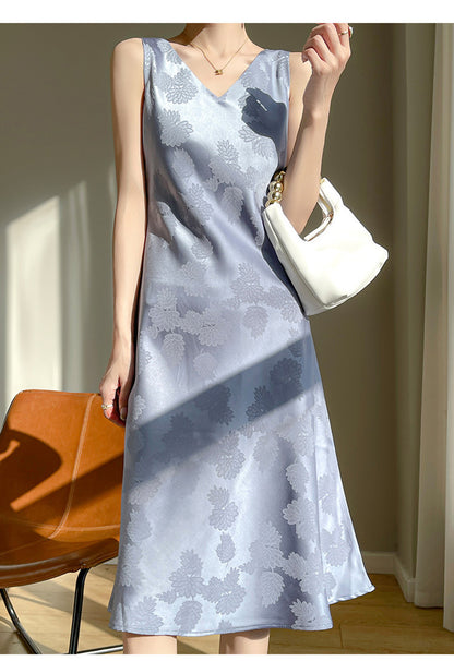 Women's Acetate Satin Mid-Length Dress Spring and Summer New Leaf Printing Niche Minimalist Style Sleeveless Skirt