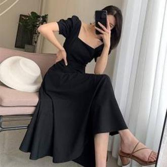 Dress Summer New Ins Tea Dress Elegant Boat-Neck Overknee Long Hepburn Style Little Black Dress