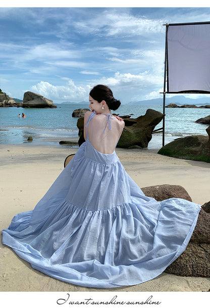 Sanya Beach Dress Light Blue Hollow Embroidery Strap Dress Summer Super Fairy Flowing Vacation Style Elegant Long Dress