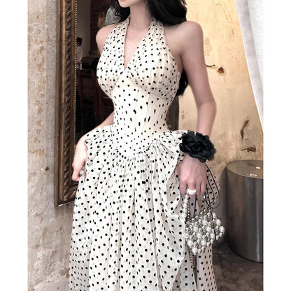 Polka Dot Halter Neck Dress for Women New Fishbone V-neck Long Dress Elegant Waist-cinching Gentle Style Trend