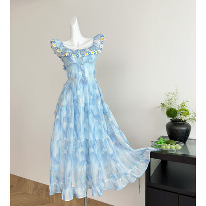 Blue Long Chiffon Printed Dress with Flutter Sleeves, French Sweet Style, Slimming Dress