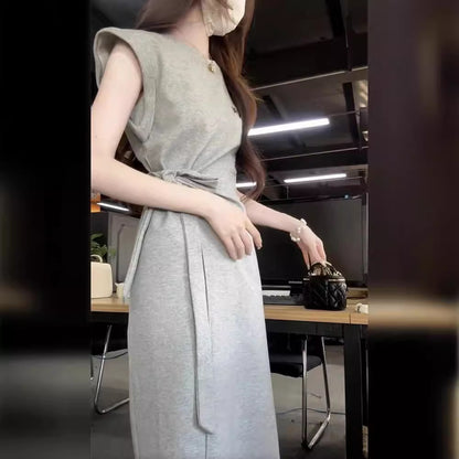 New French Style Gray Short Sleeve Dress for Women Summer Elegant High-end Casual Waist-cinching Long Dress