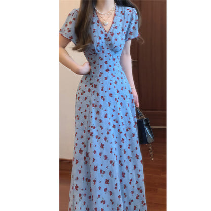 French Style Blue V-Neck Floral Dress for Women, Summer Waist-Cinching Slimming Elegant Long Dress