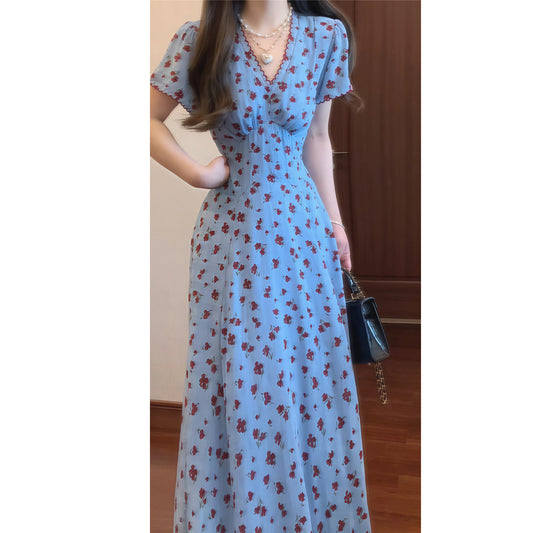 French Style Blue V-Neck Floral Dress for Women, Summer Waist-Cinching Slimming Elegant Long Dress