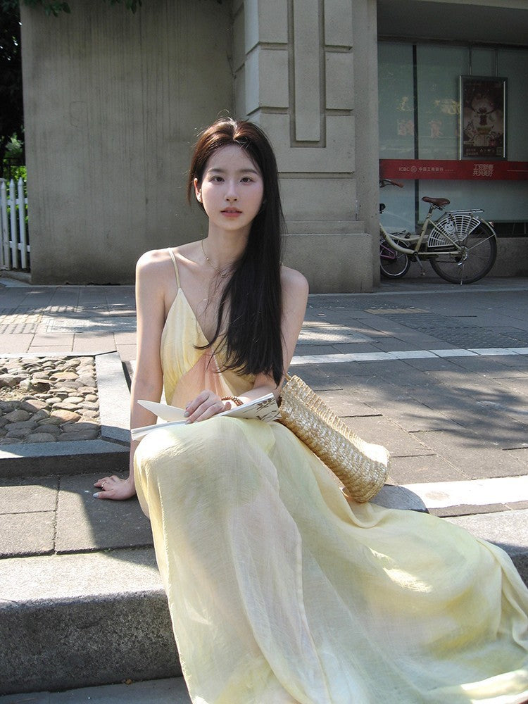 French Fairy Style Super Fairy Beach Vacation Long Dress Draped Silhouette Slip Dress Textured Print Gradient Dress