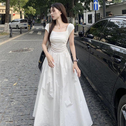 Square Neck White Dress for Women, Summer French Style, Waist-Cinching Slimming A-Line Dress, Design Sense Drawstring Long Dress, Vacation Dress